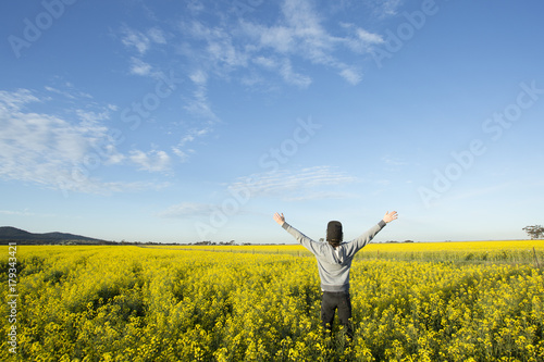 Person Standing With Arms Raised in Canola Field on Sunny Day