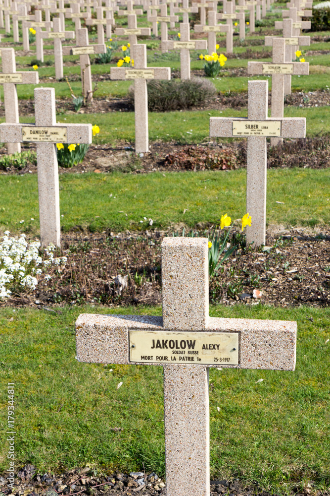 Naklejka premium Valenciennes, France, 16 March 2017. Tombs of soliders fallen in World War I (one) at Saint Roch cemetery. 