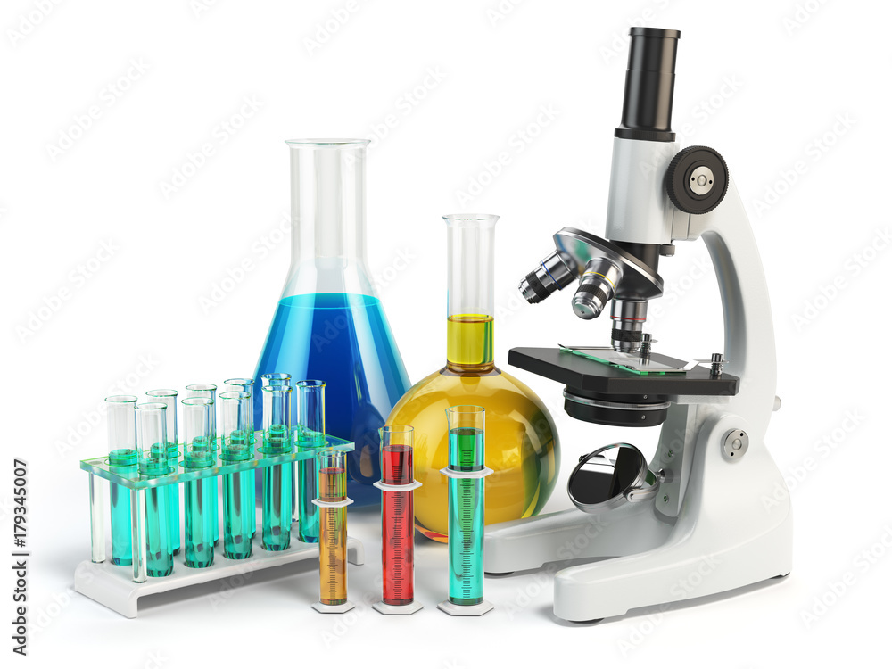 Microscope with flasks and vials. Chemistry labratory tools. Microscope with flasks and vials. Chemistry labratory tools.
