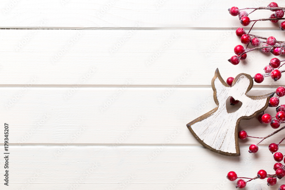 Christmas decor on the wooden white background. Christmas decor on the wooden white background.
