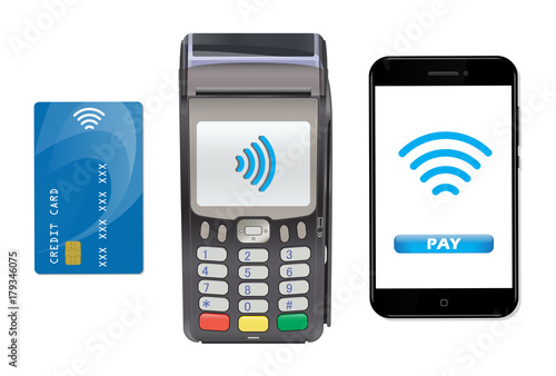 POS Terminal with smartphone and credit card. Contactless payment