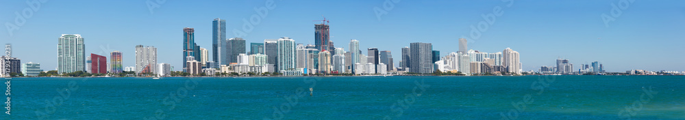 Panoramic view of the Miami skyline from the bay. Panoramic view of the Miami skyline from the bay.