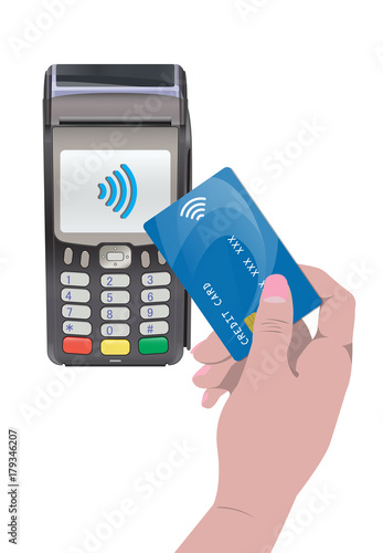 POS Terminal with hand and credit card. Contactless payment