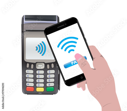 POS Terminal with hand holding a smartphone and online payment. Contactless payment