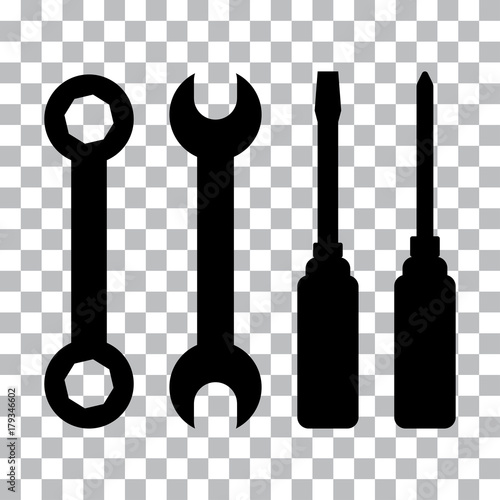 Black and white set of tools - wrench, screwdriver on transparent background. Vector illustration