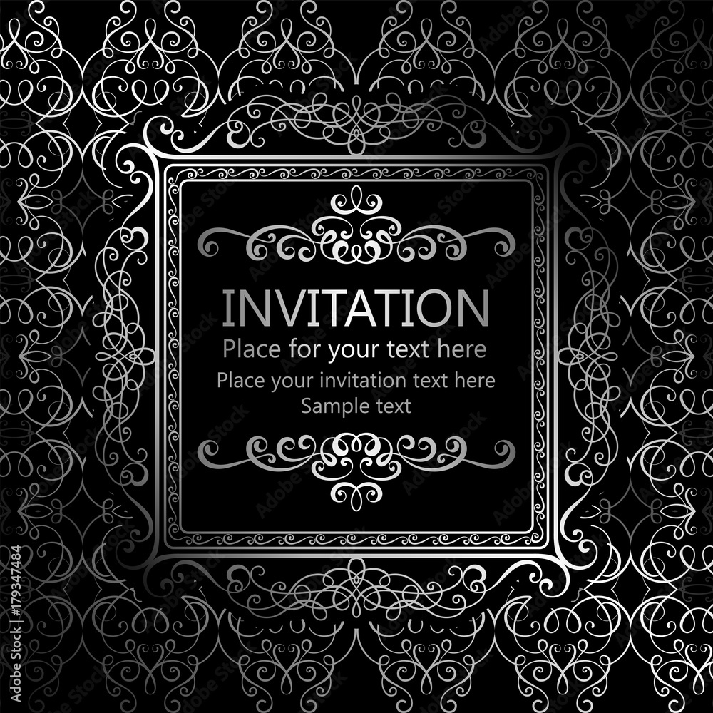 Abstract background with calligraphic luxury silver flourishes and vintage frame, victorian banner,wallpaper ornaments, invitation card, baroque style booklet, fashion pattern, template for design. Abstract background with calligraphic luxury silver flourishes and vintage frame, victorian banner,wallpaper ornaments, invitation card, baroque style booklet, fashion pattern, template for design.
