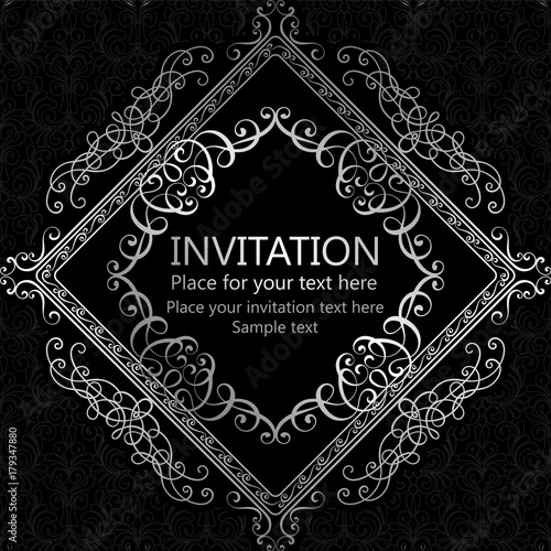 Abstract background with calligraphic luxury silver flourishes and vintage frame, victorian banner,wallpaper ornaments, invitation card, baroque style booklet, fashion pattern, template for design.