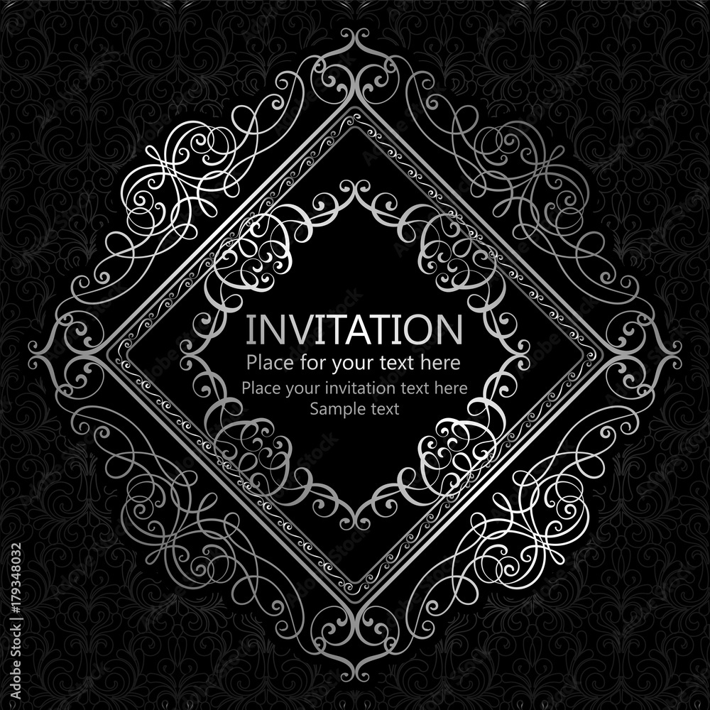 Abstract background with calligraphic luxury silver flourishes and vintage frame, victorian banner,wallpaper ornaments, invitation card, baroque style booklet, fashion pattern, template for design.