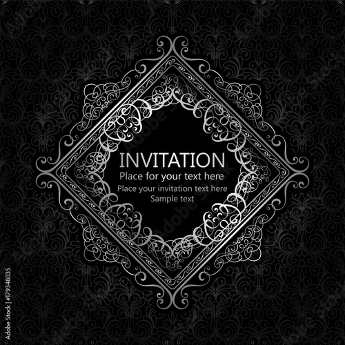 Abstract background with calligraphic luxury silver flourishes and vintage frame, victorian banner,wallpaper ornaments, invitation card, baroque style booklet, fashion pattern, template for design.