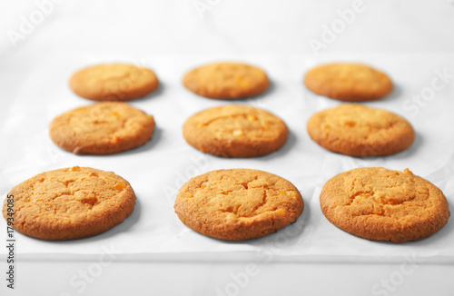 Delicious oatmeal cookies on table, close up