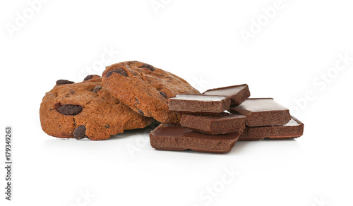 Delicious oatmeal cookies with chocolate chips on white background