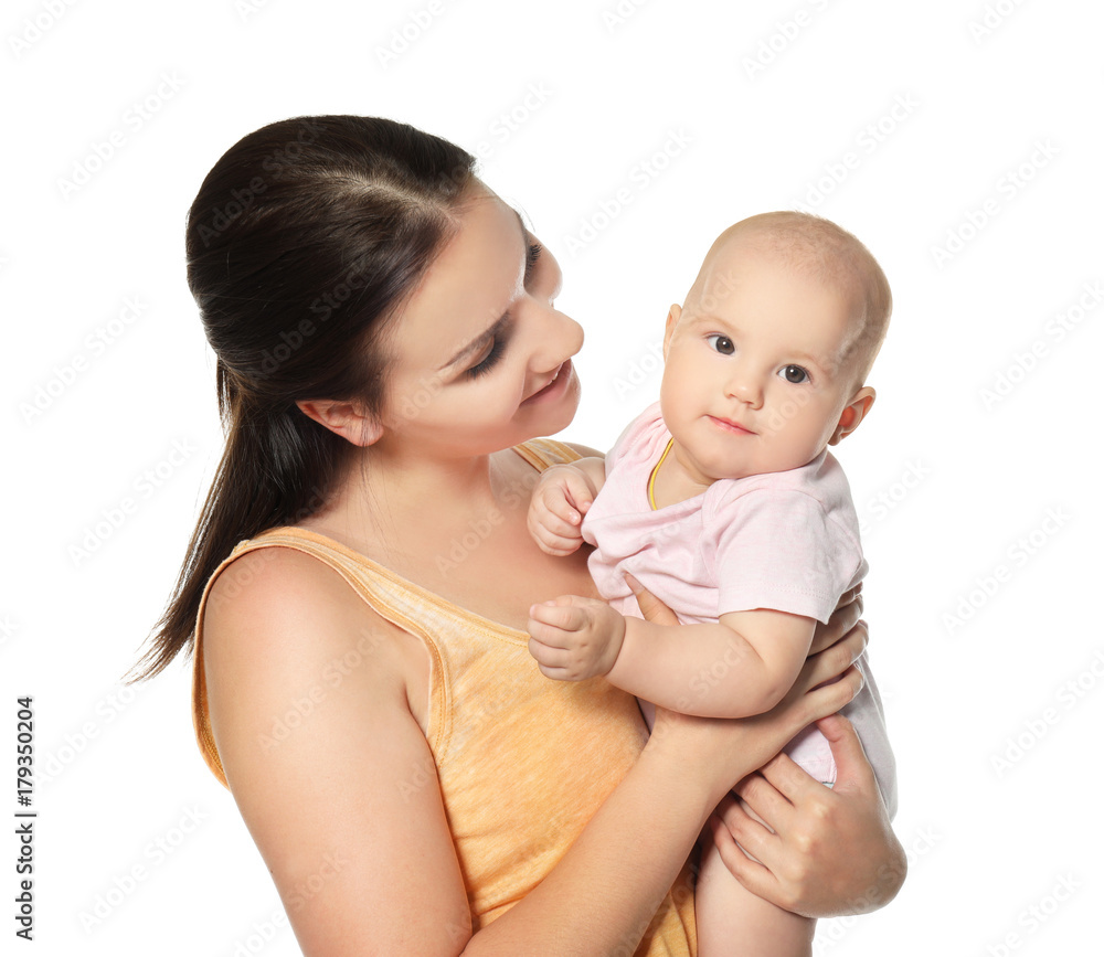 Happy young woman with cute baby on white background Happy young woman with cute baby on white background