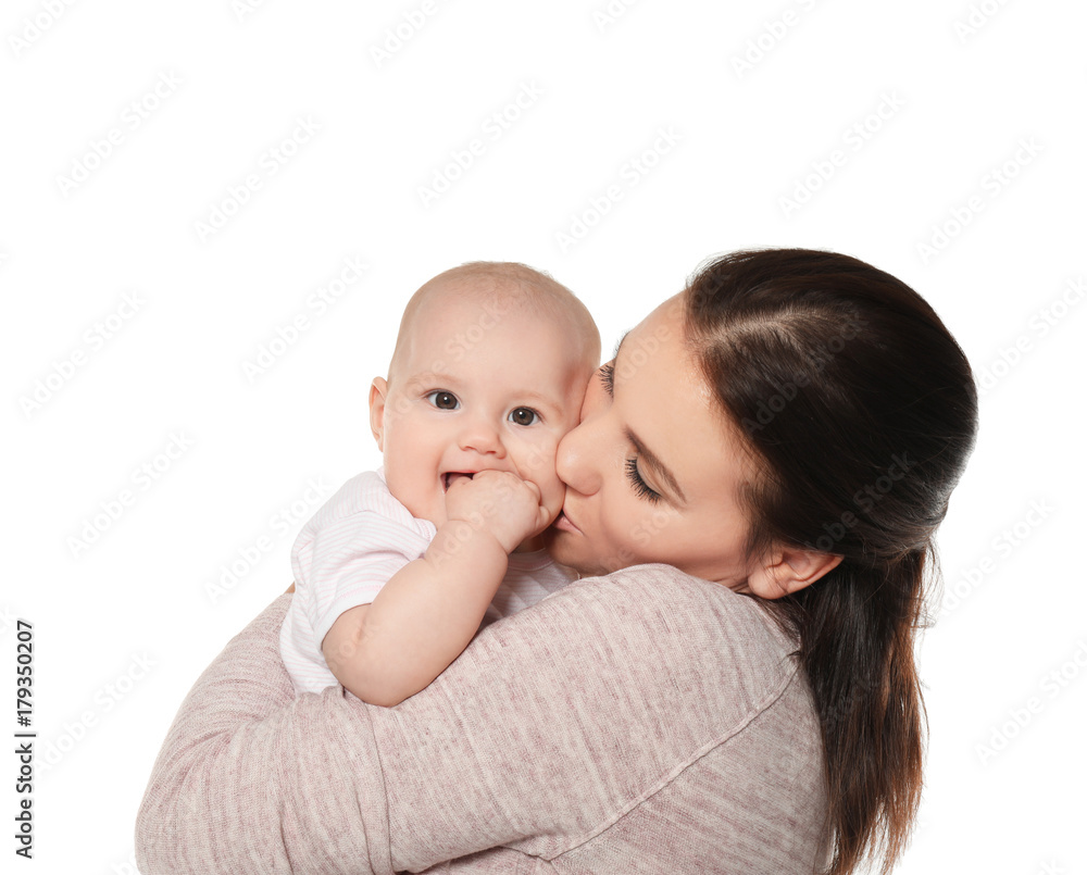 Happy young woman with cute baby on white background Happy young woman with cute baby on white background