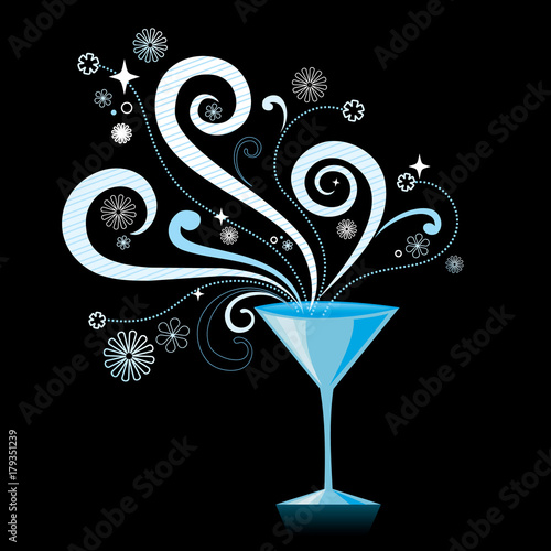 Stylized retro blue martini with swirls, stars and flower design elements