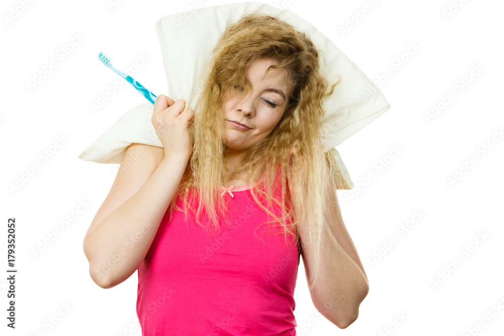 Sleepy woman hugging white pillow Sleepy woman hugging white pillow