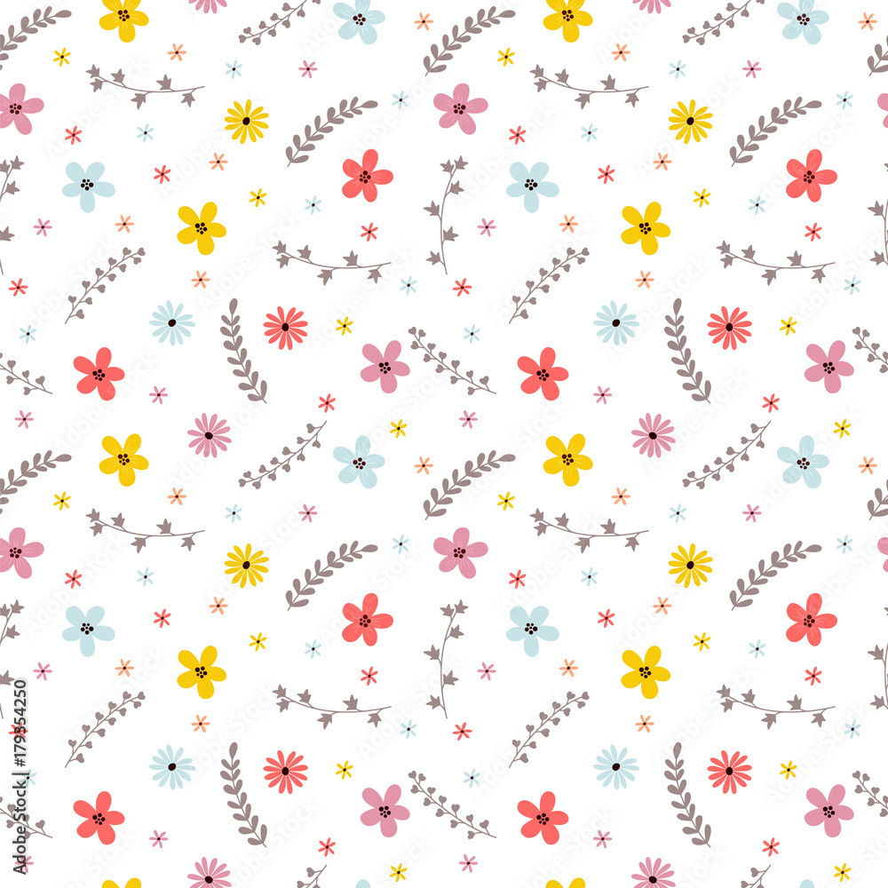 Floral summer seamless pattern with leaves, branches and flowers. Cute spring floral background