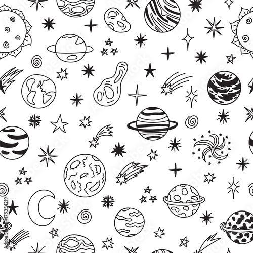 Tapety Ładna ręcznie rysowane dziecinna tło. Kreskówka galaktyka z kometami, asteroidami, gwiazdami i planetami. Doodle wzór miejsca. Zestaw obiektów kosmicznych