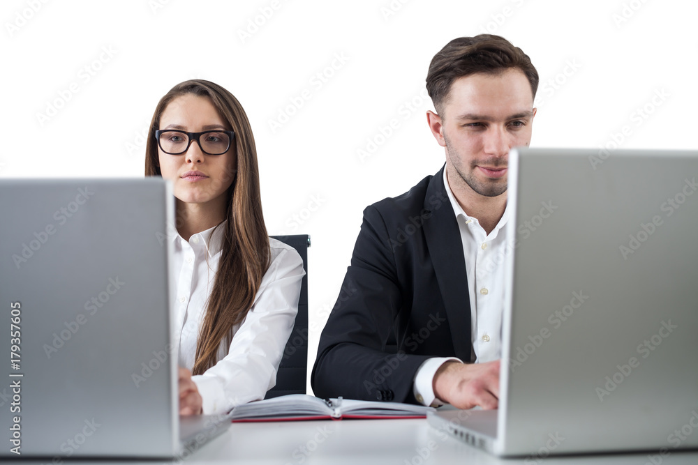 Business couple working, white background Business couple working, white background
