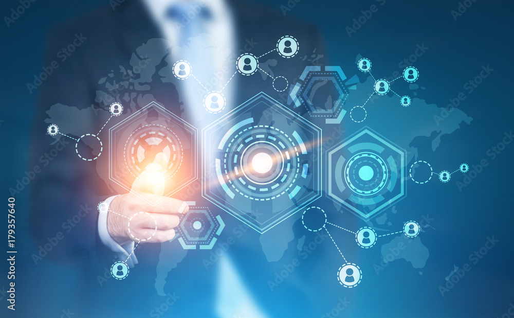Glowing finger businessman, HUD network Glowing finger businessman, HUD network