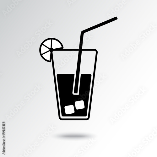 Glass of juice with straw, ice and shadow. Black and white icon. Vector illustration