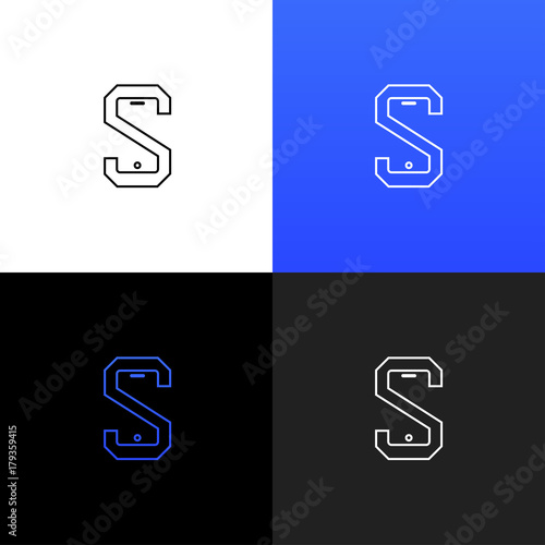 Linear mobile phone logo with letters S. Vector illustration, logotype, icon, sign, mobile phone symbol with black, white and blue color.