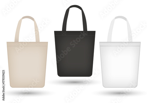 Realistic tote bag set. 3d fabric, canvas, shopping sack bags collection black, beige. Isolated on white background. Mosk-up for your product design. Vector illustration