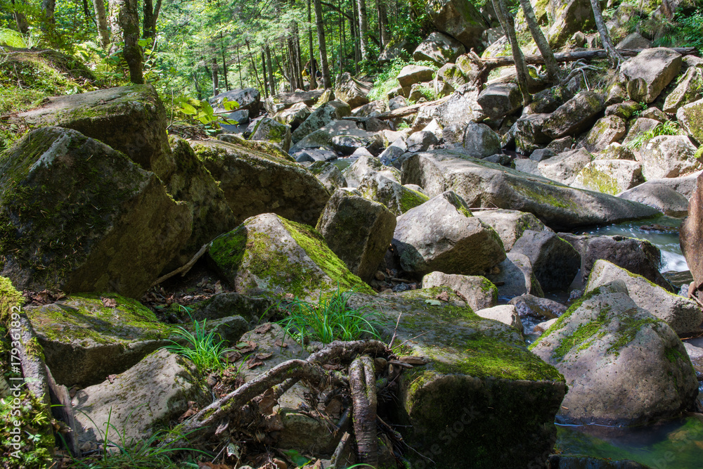 Big boulders plated by green moss on river banks. Big boulders plated by green moss on river banks.