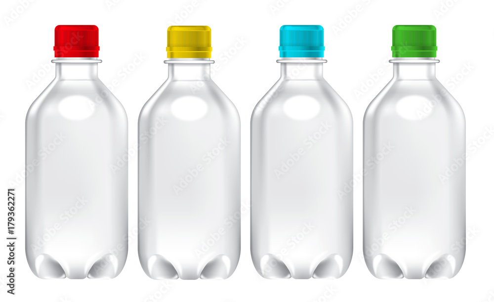 Colourful 4 in 1 Realistic juice mineral beverage bottle mock-up template image series. Small water bottle packaging mock-up. Isolated. Colourful 4 in 1 Realistic juice mineral beverage bottle mock-up template image series. Small water bottle packaging mock-up. Isolated.
