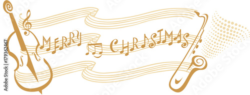 Musical notes and instruments, Merry Christmas banner