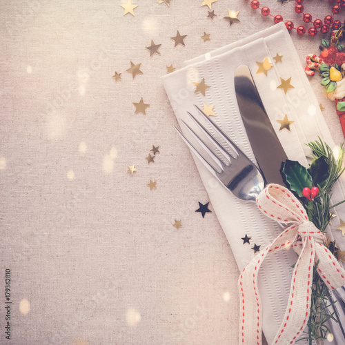 New year 2020 food lunch dinner menu, Christmas festive table place setting, holidays copy space background