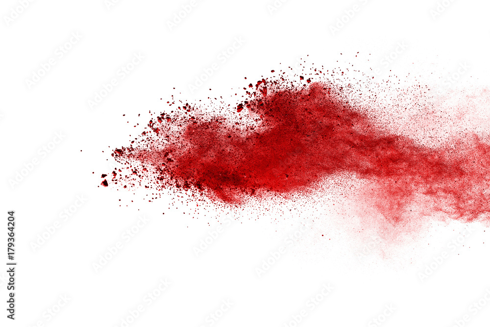 Explosion of red powder isolated on white background.