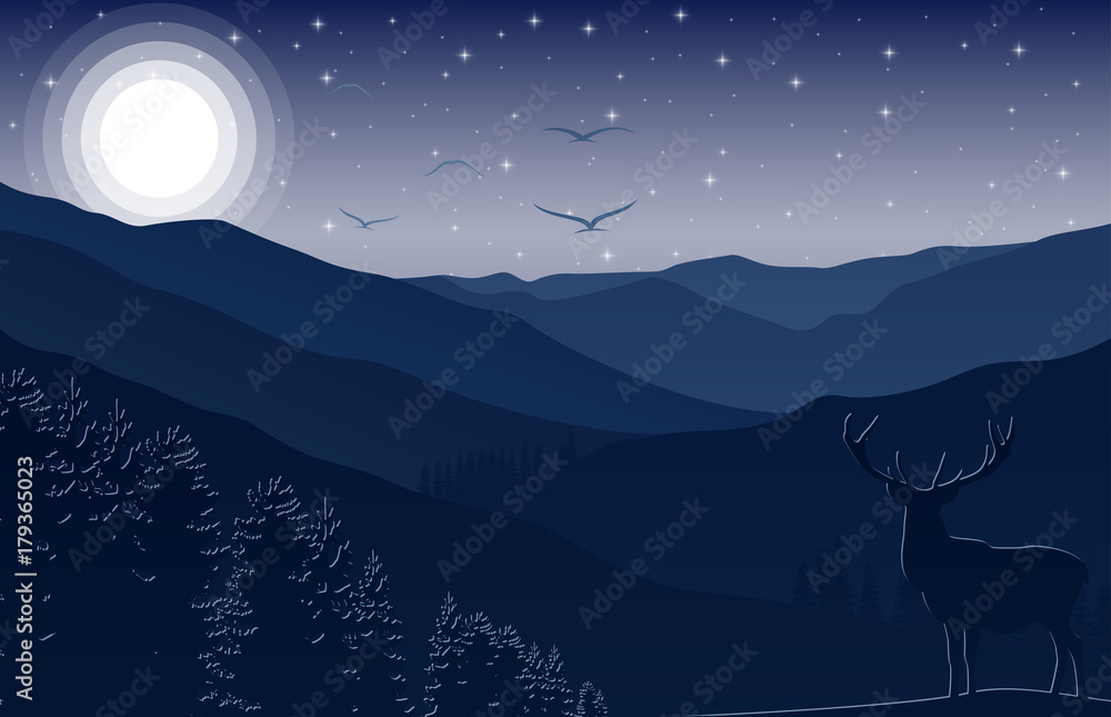 Mountain landscape with deer and forest at night