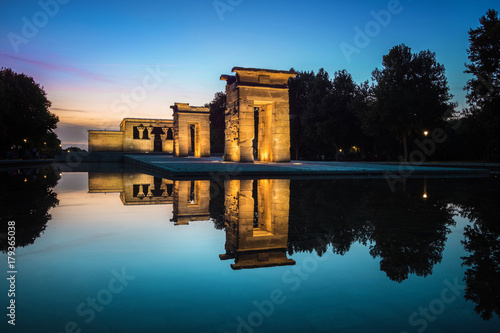 Temple of Debod at dusk in Madrid, Spain.
