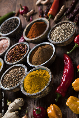 Assortment of spices in wooden bowl background 