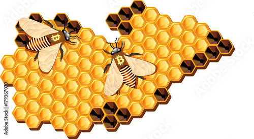 Honeycomb with bees. Illustration on the topic of Bitcoin