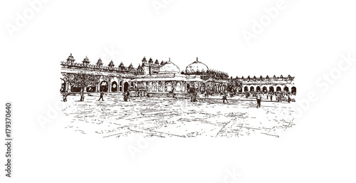 Hand drawn sketch of Jamma Masjid (Mosque), Fatehpur Sikri, Uttar Pradesh, India in vector illustration.