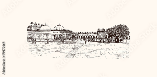 Hand drawn sketch of Jamma Masjid (Mosque), Fatehpur Sikri, Uttar Pradesh, India in vector illustration.