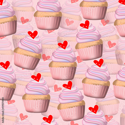 Vecror and illustration seamless pattern of pink pastel color hand drawing and painting cupcake on pink color background