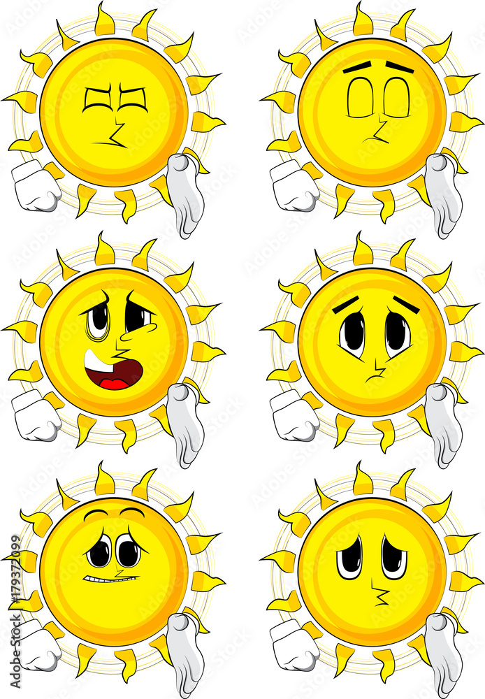 Cartoon sun giving a hand. Collection with sad faces. Expressions vector set.