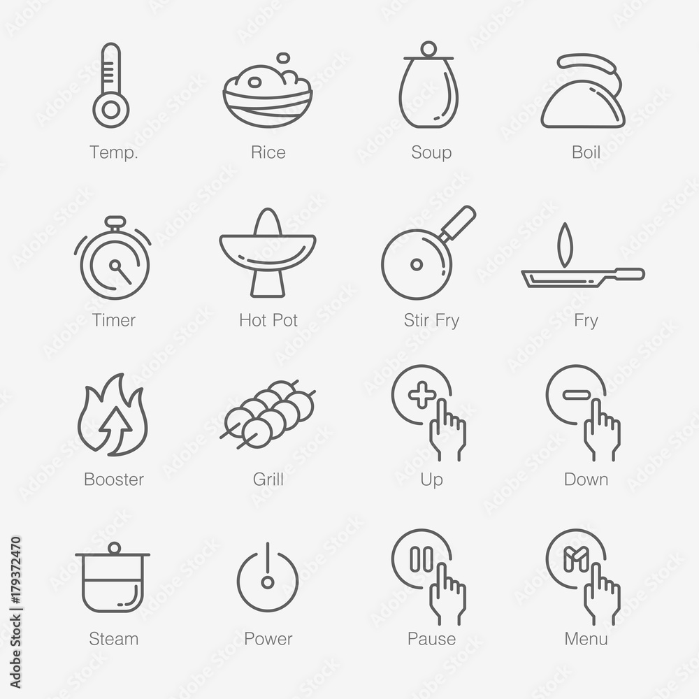 cooking thin line icon set. rice, soup, boil, time, hot, stir, fry, booster, grill, up, down, power, steam, pause, menu and temp iconic pictogram. editable stroke