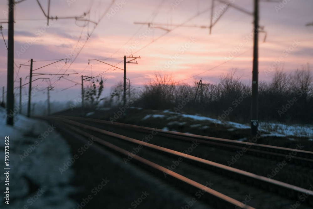 Railway road evening concept. Abstract background. Waiting for the train.