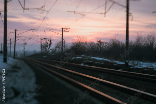 Railway road evening concept. Abstract background. Waiting for the train.