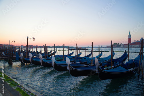 The moored gondolas at San-Marko Embankment at sunrise. Venice, Italy © sikaraha