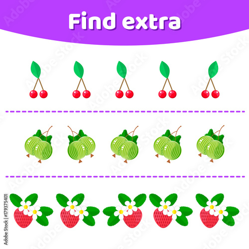 Vector illustration. Education game for preschool kids. Find extra object in sequence row. Berries.