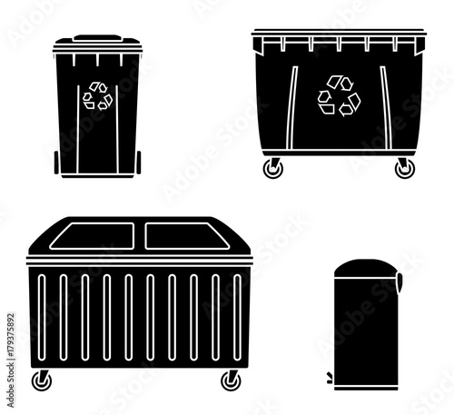 Thrash and recycling can. Garbage container set. Wheeled dumpster. Vector illustration.