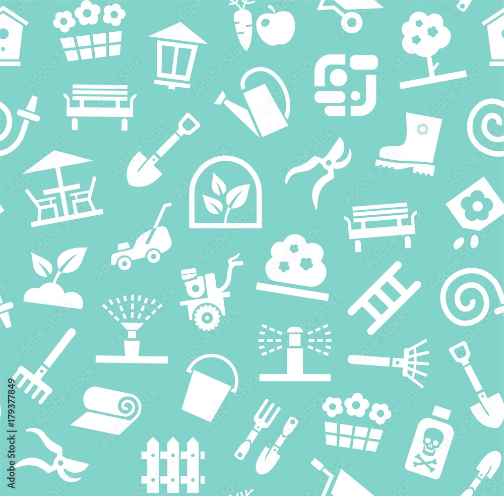 Landscape design, background, seamless, blue, vector. Background with equipment for gardening and horticulture. White, flat drawings on a turquoise field. Arrangement of land. Landscape design, background, seamless, blue, vector. Background with equipment for gardening and horticulture. White, flat drawings on a turquoise field. Arrangement of land.