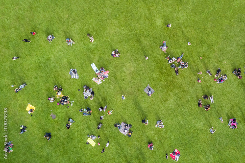 Top view of the  many people are resting on the lawn in the park
