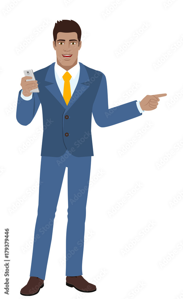Businessman with mobile phone showing something beside of him Businessman with mobile phone showing something beside of him