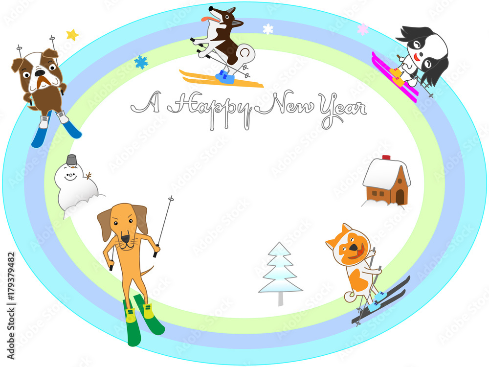 Obraz premium 2018年の年賀状素材の犬のスキー