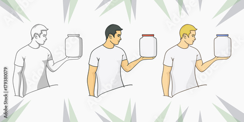 Healthy man is carrying a can of supplement powder in cartoon vector style, Fitness guy with whey powder can in his hand in cartoon vector style.